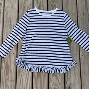 Kate Spade Cotton White Blue Striped 3/4 Sleeve Shirt Knit Ruffles Trim Size MED